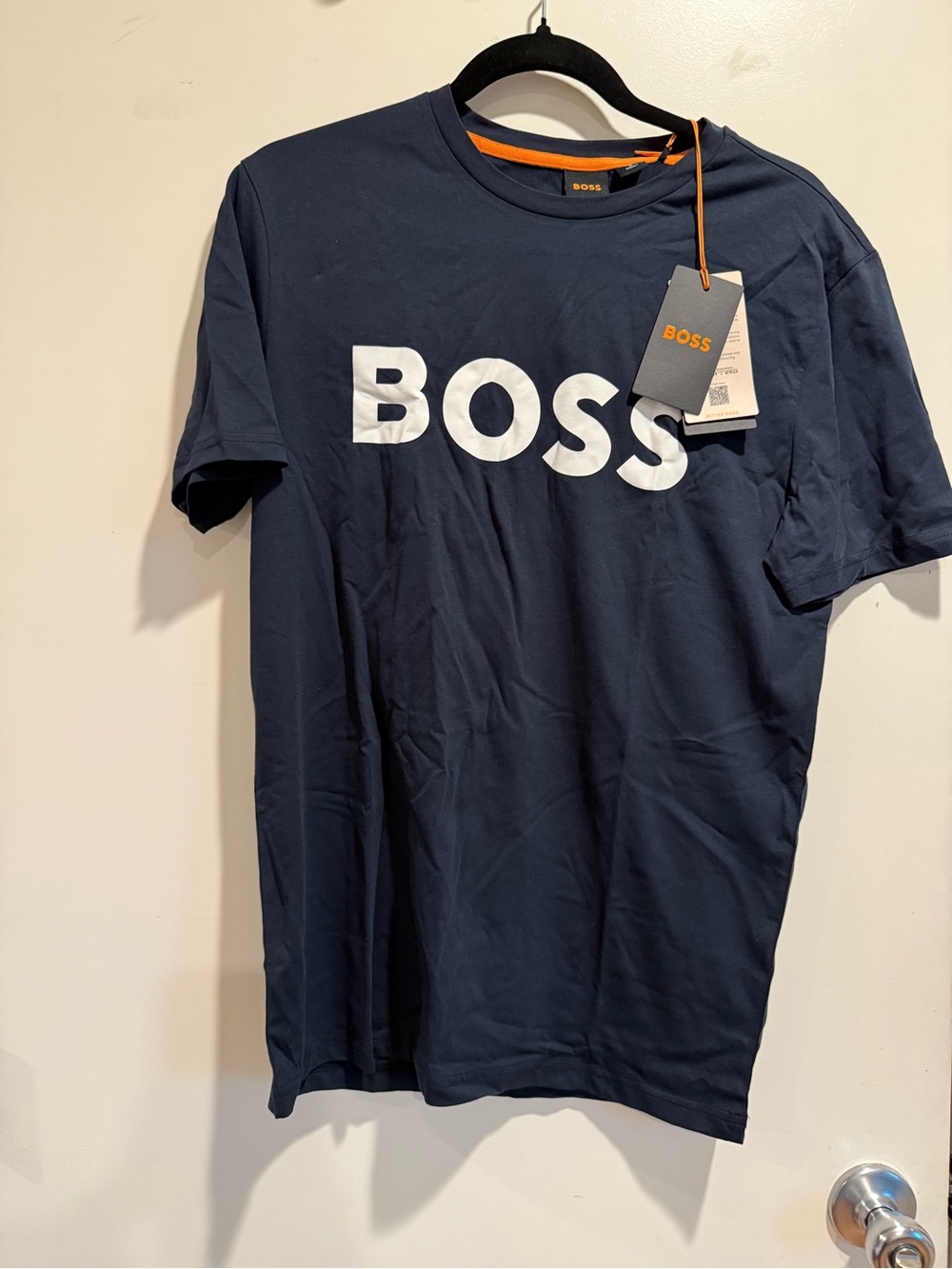 Boss Navy Short-Sleeve Logo T-Shirt with White Print